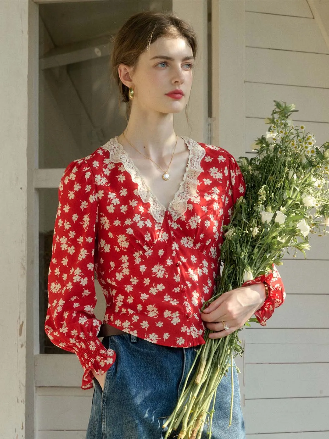 【Final Sale】Stevie Vintage Lace Patchwork V-neck Blouse sold by Simple Retro product image thumbnail 5