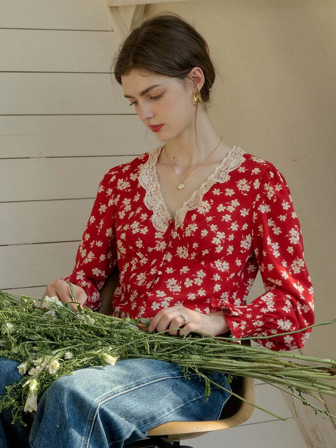 【Final Sale】Stevie Vintage Lace Patchwork V-neck Blouse sold by Simple Retro product image thumbnail 3