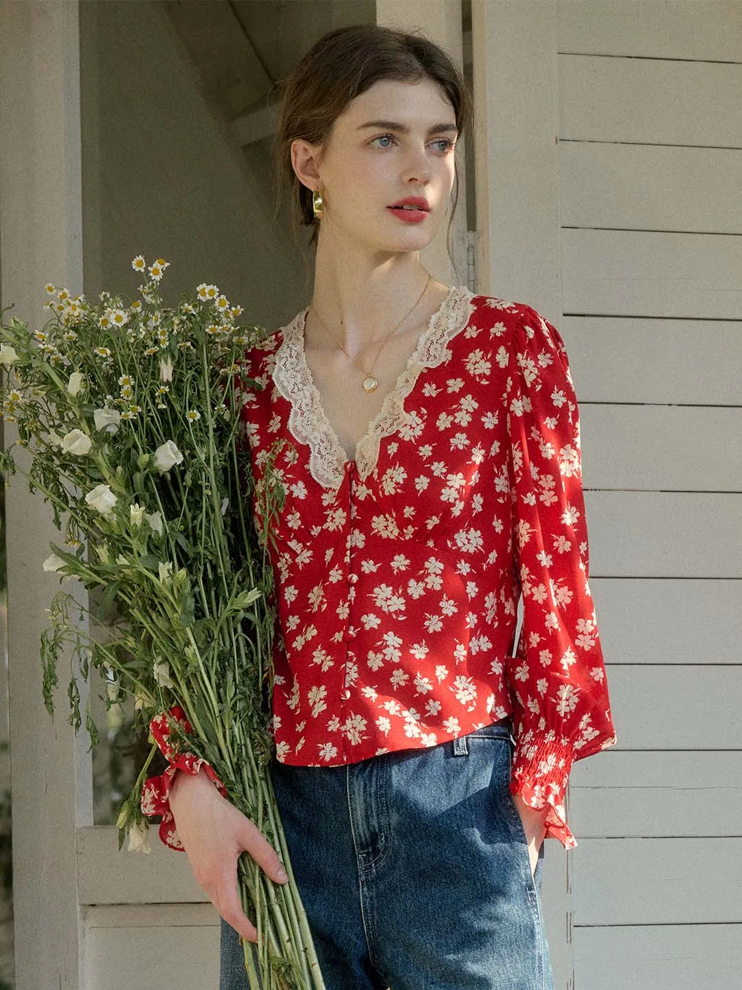 【Final Sale】Stevie Vintage Lace Patchwork V-neck Blouse sold by Simple Retro product image thumbnail 4