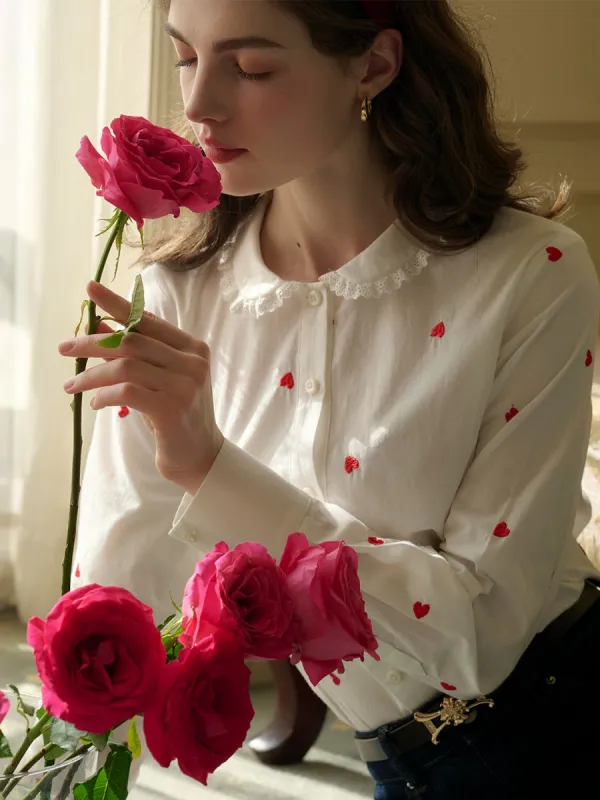 Arianna Peter Pan Collar Sweetheart Embroidered Cotton Blouse sold by Simple Retro