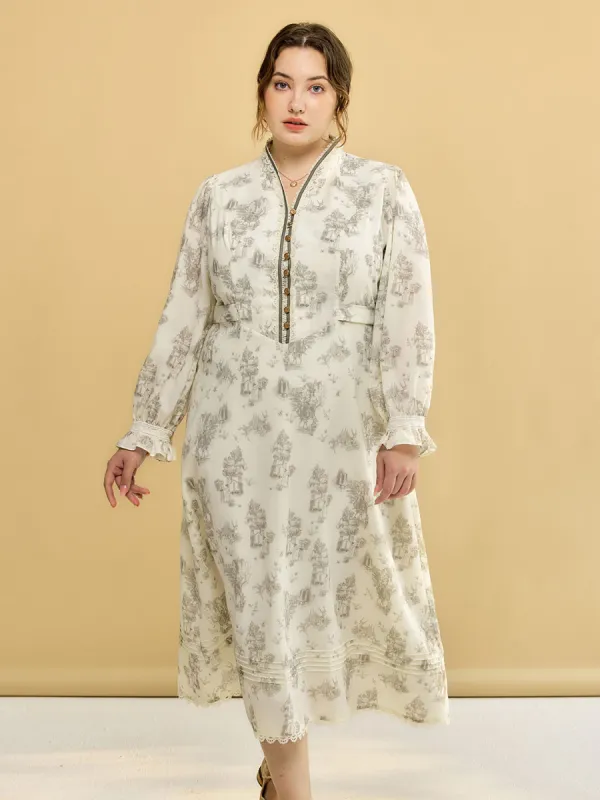 【Final Sale】Plus Size Lyric Printed Stand Collar Midi Dress sold by Simple Retro