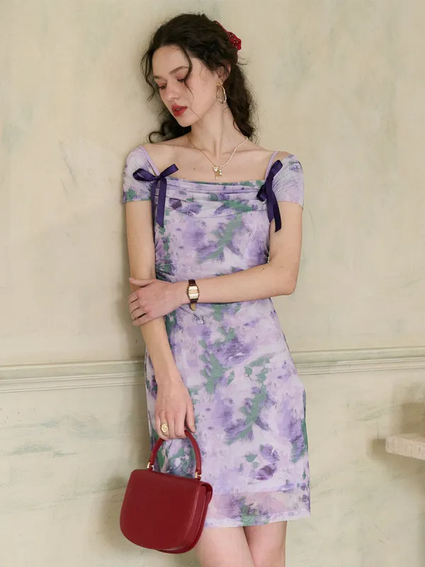 【Final Sale】Jacqueline Floral Print Off-The-Shoulder Contrast Bow Slip Dress sold by Simple Retro