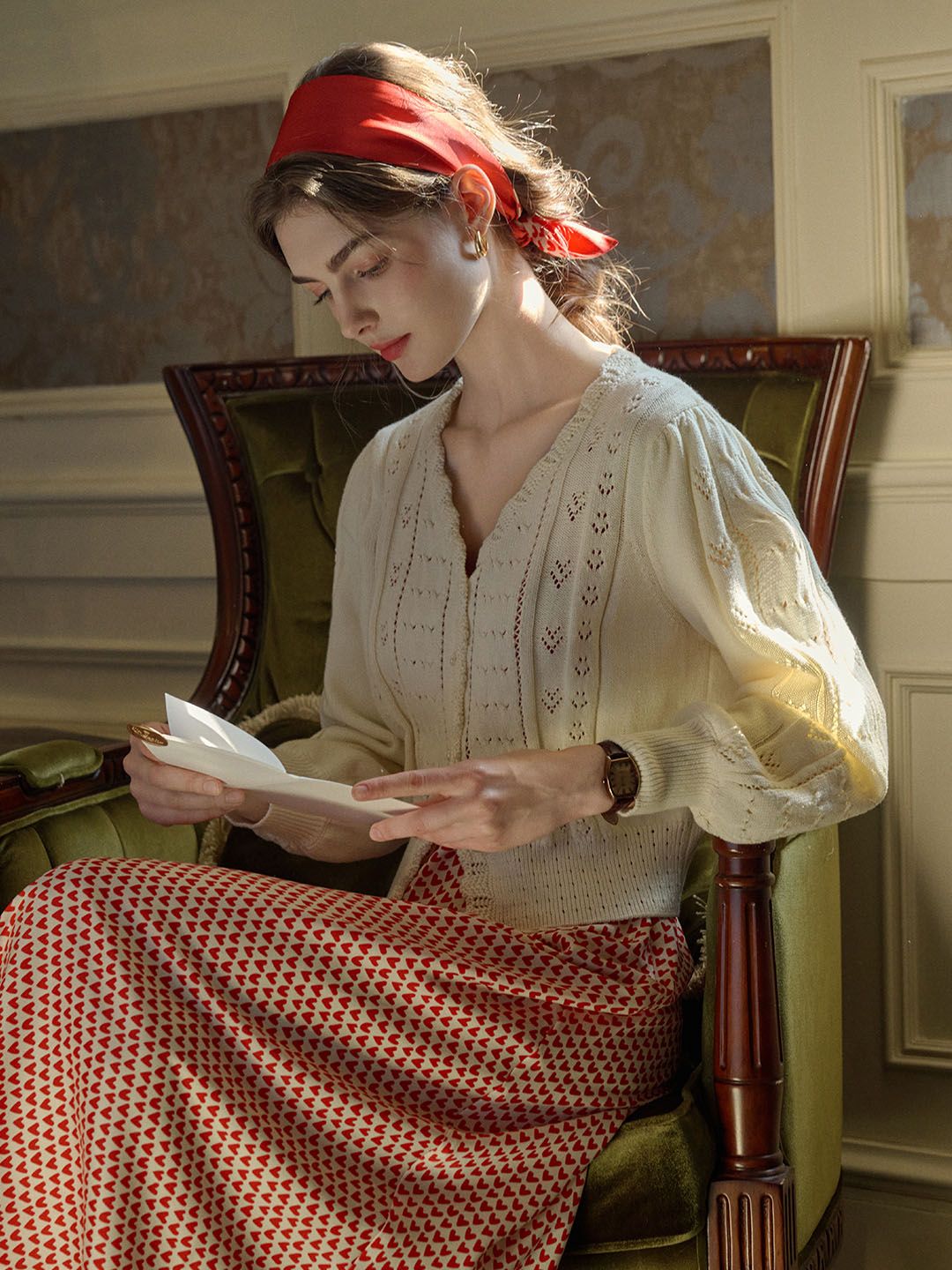 Amira Wave V-neck Cotton Knitted Cardigan sold by Simple Retro product image thumbnail 5