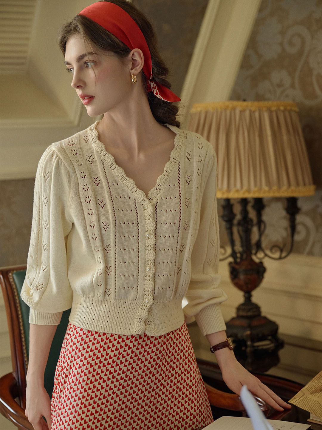 Amira Wave V-neck Cotton Knitted Cardigan sold by Simple Retro product image thumbnail 3