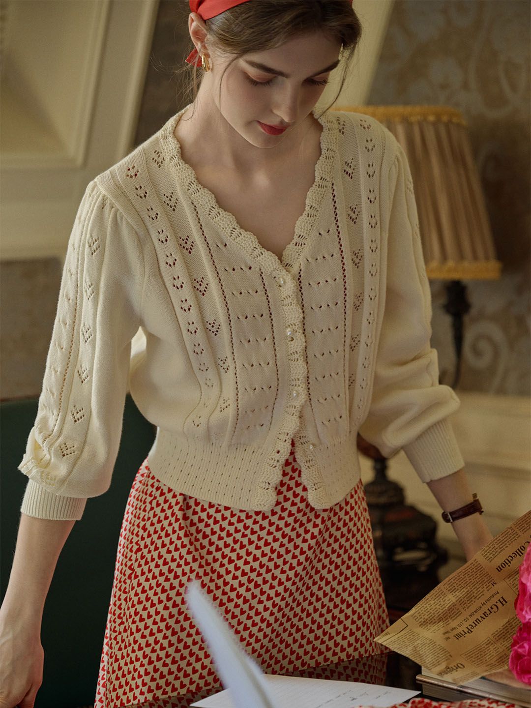 Amira Wave V-neck Cotton Knitted Cardigan sold by Simple Retro