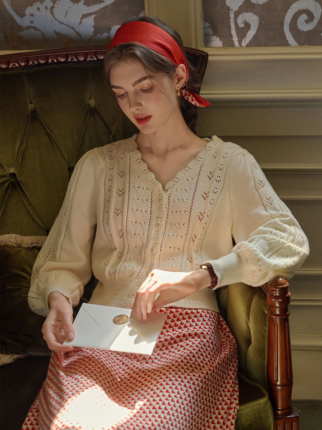 Amira Wave V-neck Cotton Knitted Cardigan sold by Simple Retro product image thumbnail 2