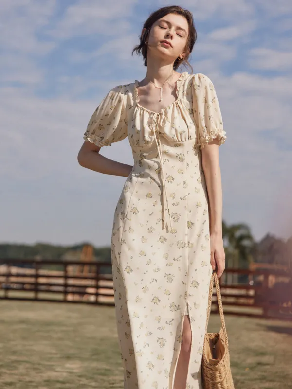 Magnolia Printed Floral Apricot Midi Dress sold by Simple Retro