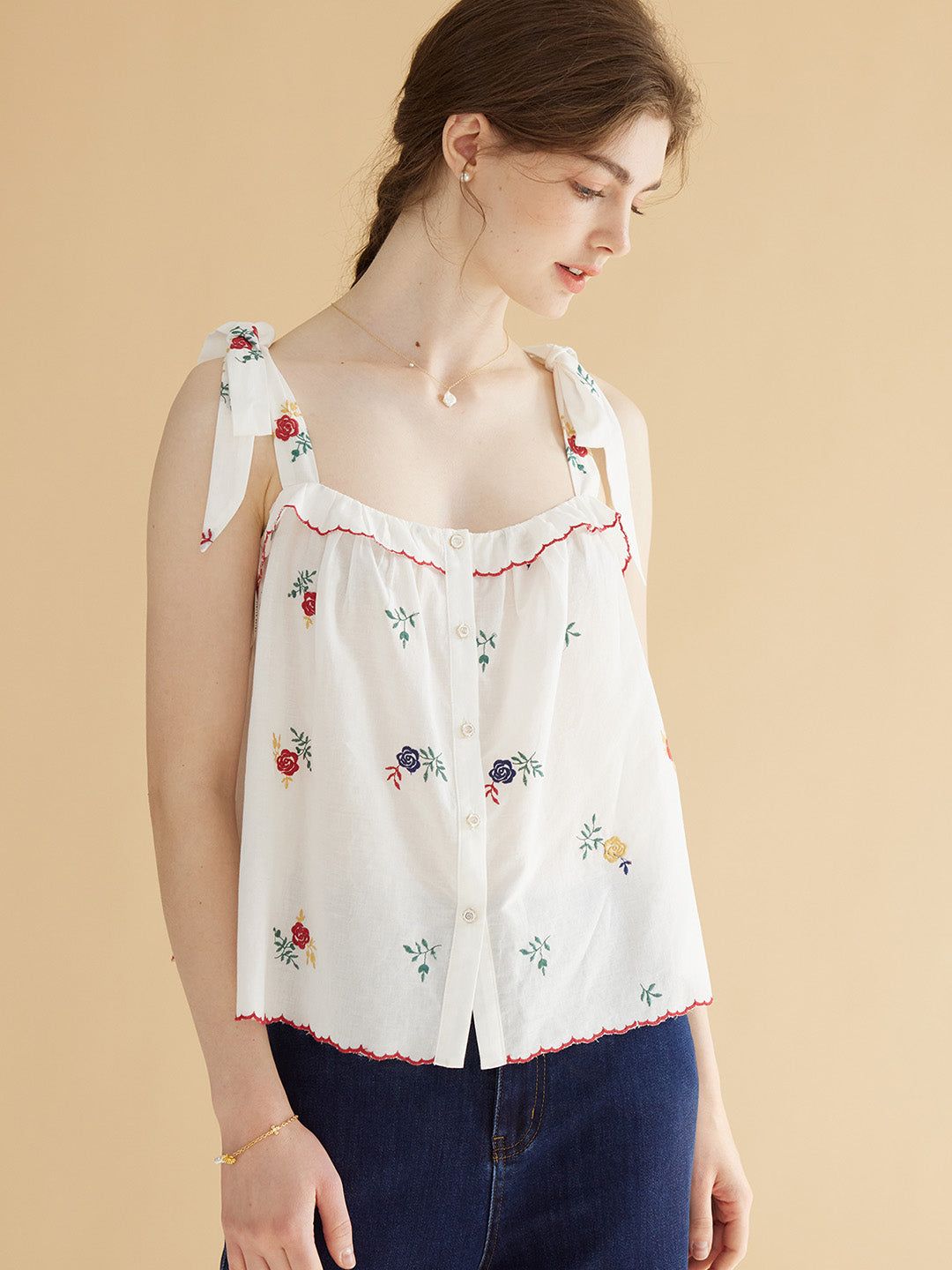 Mikaela Square Neck Colorful Rose Embroidered Cotton Top sold by Simple Retro product image thumbnail 3