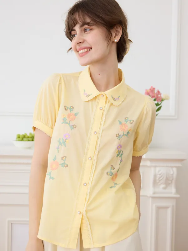 【Final Sale】Emmy Floral Embroidery Button Front Shirt sold by Simple Retro