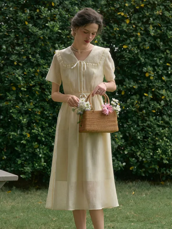 Raya Bow Floral Embroidered Ruffle Lapel Lace Rose Jacquard Dress sold by Simple Retro