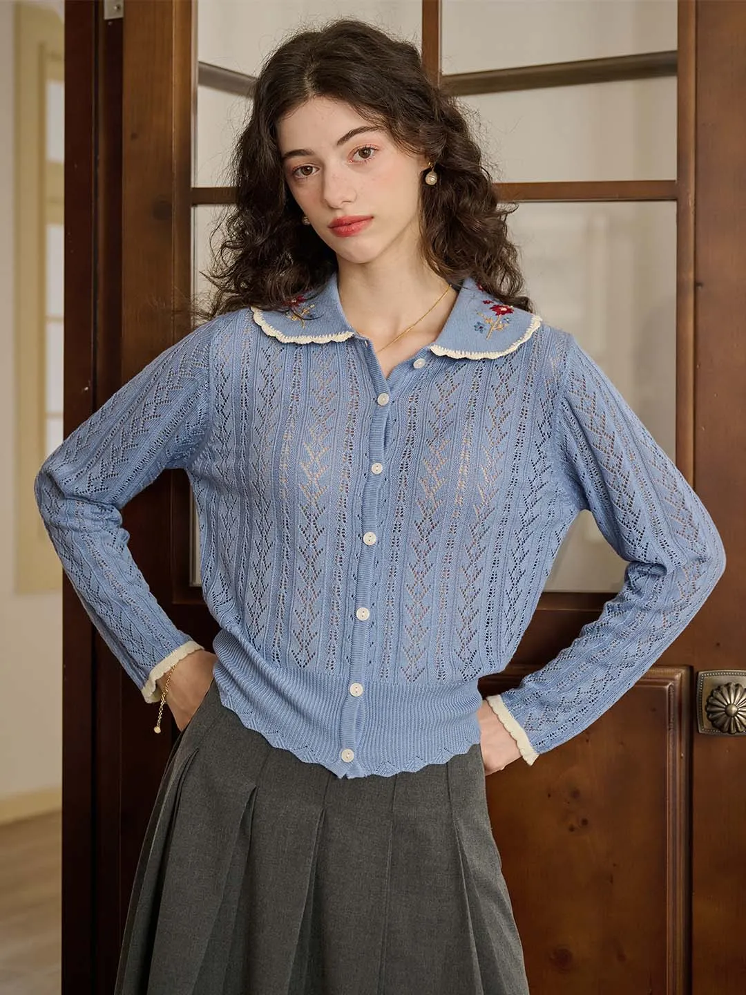 Shay Peter Pan Collar Embroidered Contrast Cutout Cardigan-Light Blue sold by Simple Retro product image thumbnail 4