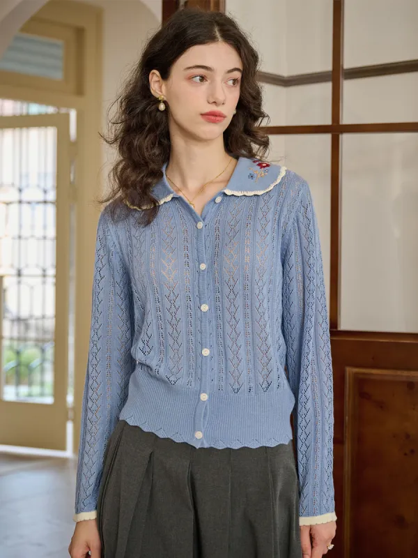 Shay Peter Pan Collar Embroidered Contrast Cutout Cardigan-Light Blue sold by Simple Retro