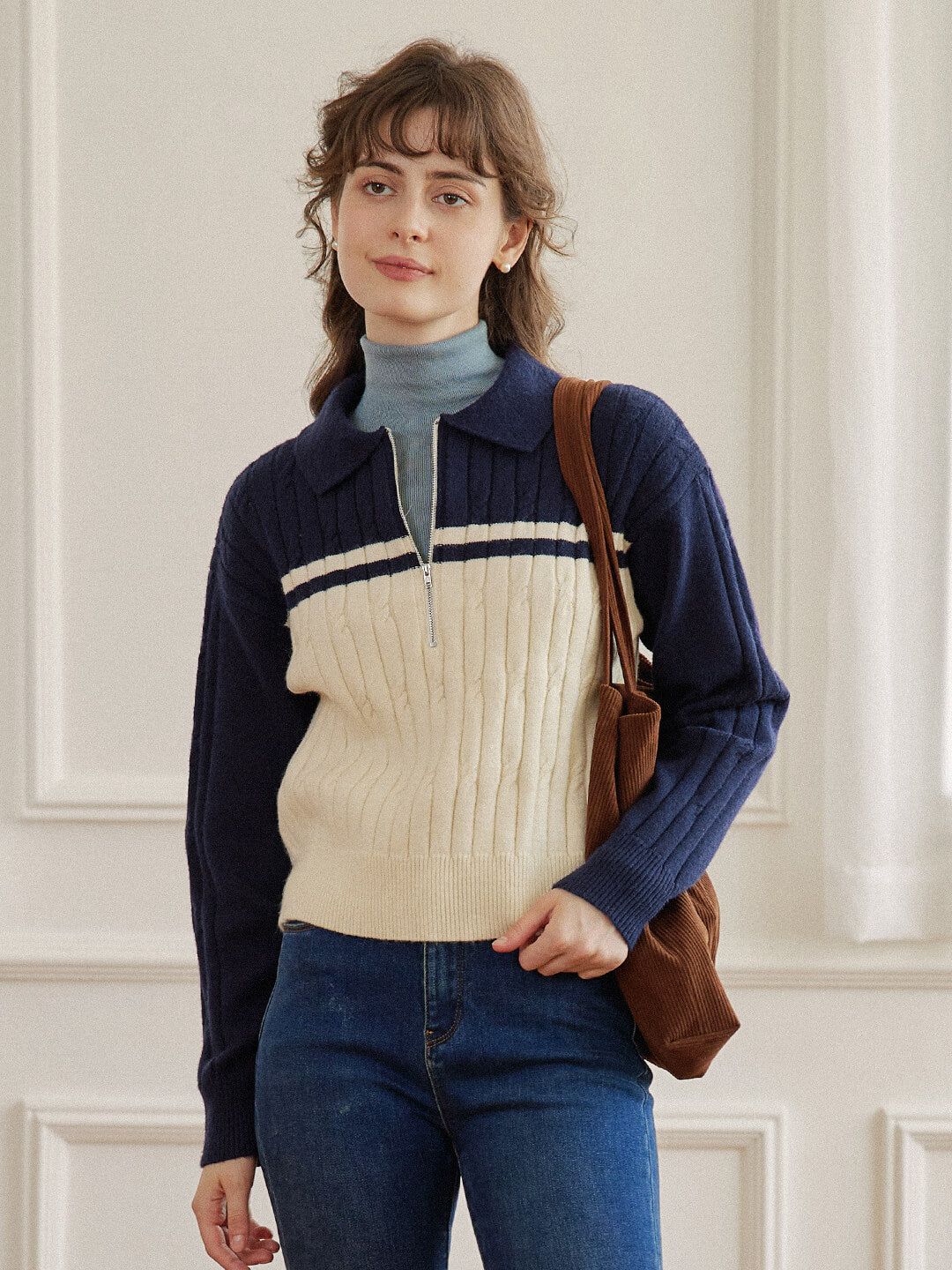 【FINAL SALE】Lyla Polo Cable Blue Knit Sweater sold by Simple Retro product image thumbnail 2