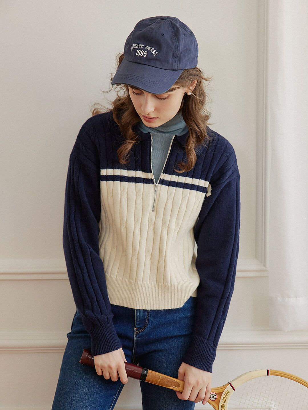 【FINAL SALE】Lyla Polo Cable Blue Knit Sweater sold by Simple Retro product image thumbnail 5