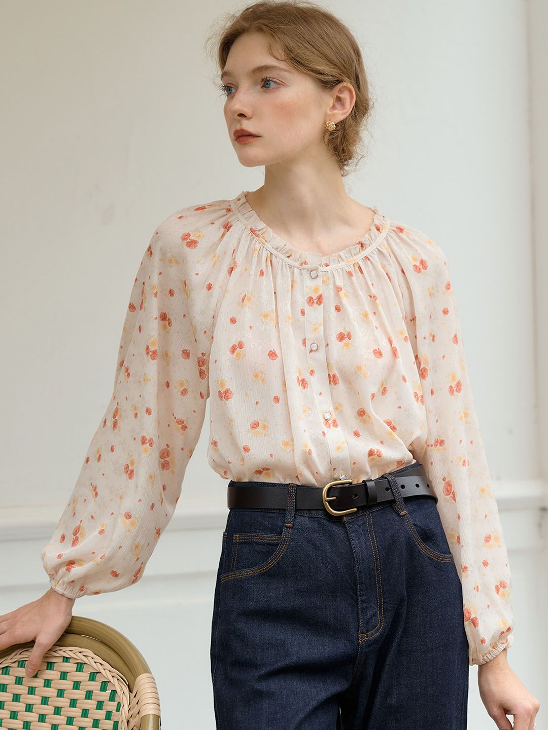 Raina Round Neck Floral Print Balloon Sleeve Blouse sold by Simple Retro