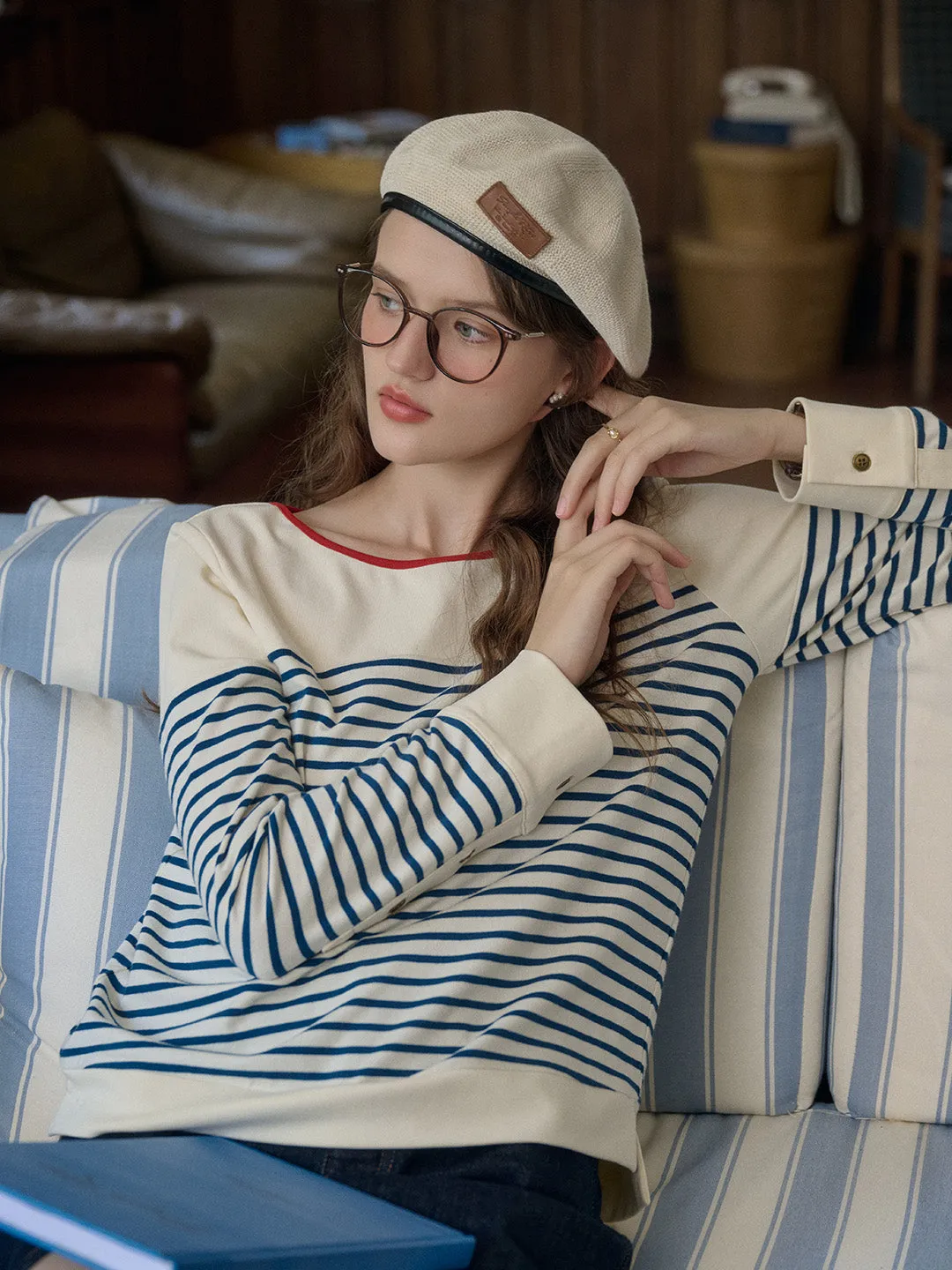 Ellianna Contrast Color Crew Neck Striped Hem Slit Knit Top sold by Simple Retro