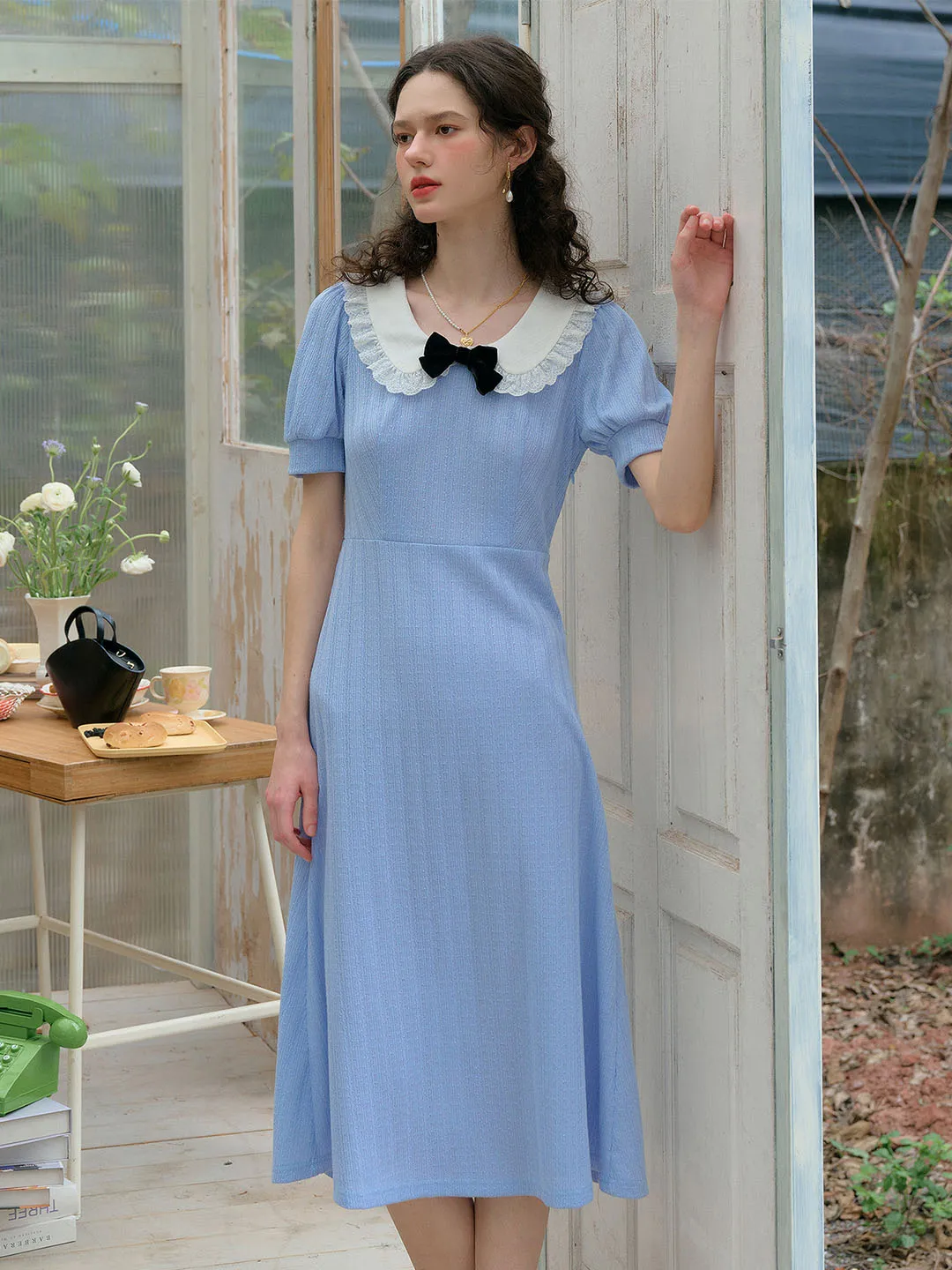 Bonnie Contrast Bow Lace Doll Neck Dress sold by Simple Retro