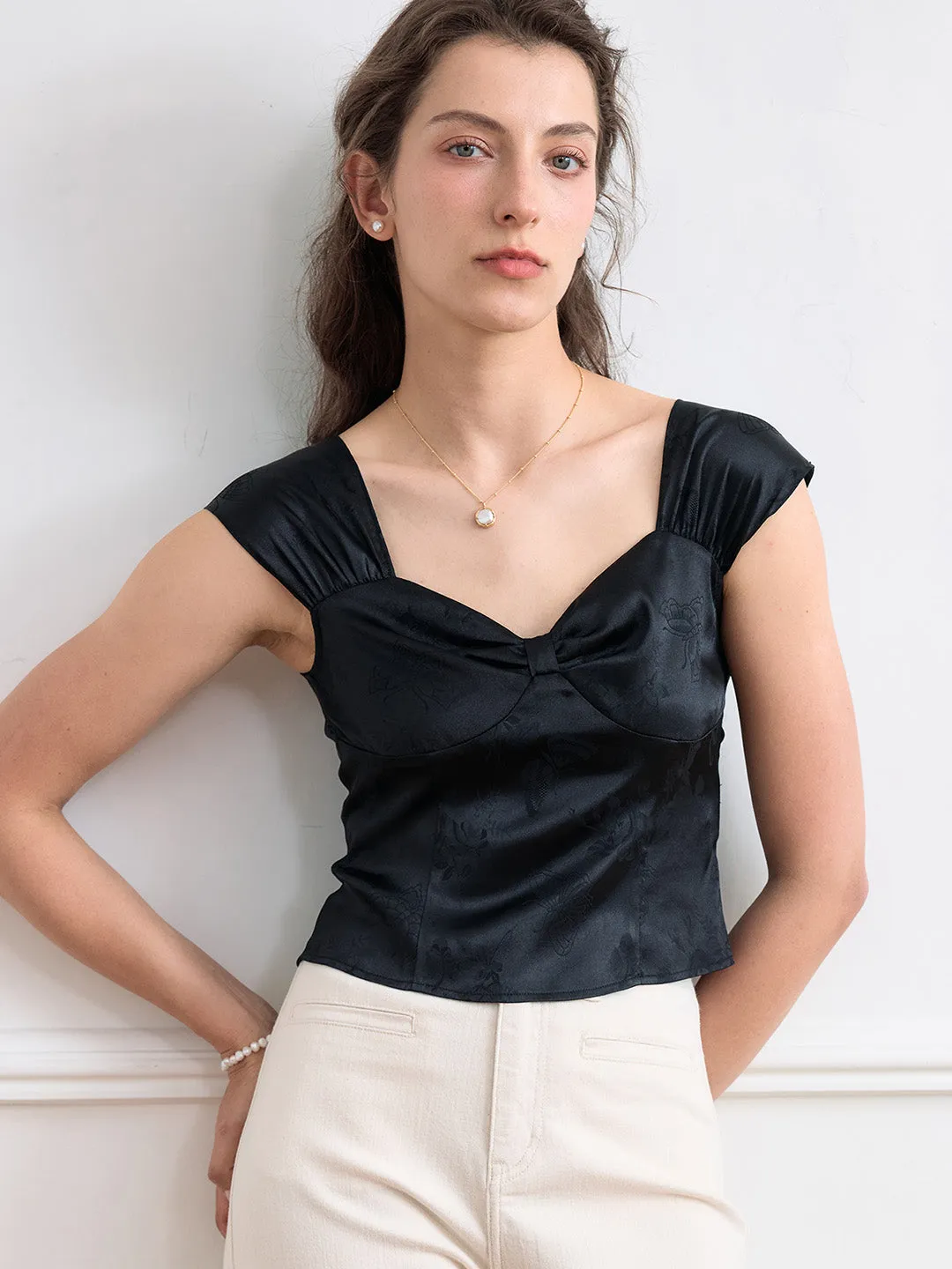 Michaela Solid Sweetheart Neck Satin Blouse sold by Simple Retro