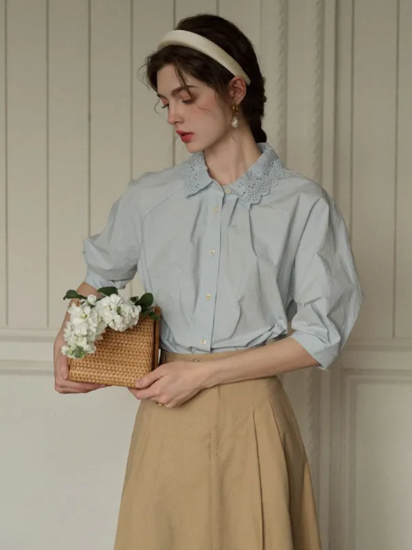 Vanessa Lace Lapel Cotton Blouse sold by Simple Retro