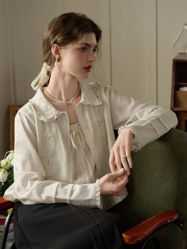 Kendall Lace Embroidered Lapel Blouse sold by Simple Retro