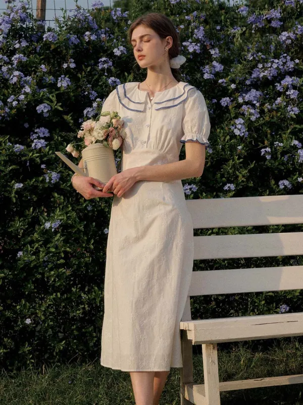 Mckenna Contrast Ruff Collar Embroidered Puff Sleeve Dress sold by Simple Retro