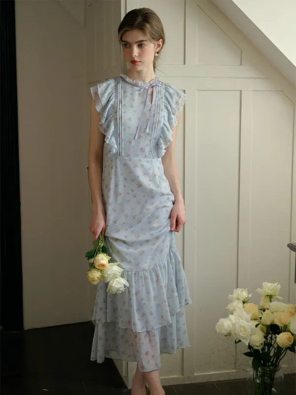 【Final Sale】Malani Floral Printed Flutter Sleeve Mermaid Hem Maxi Dress made by Simple Retro