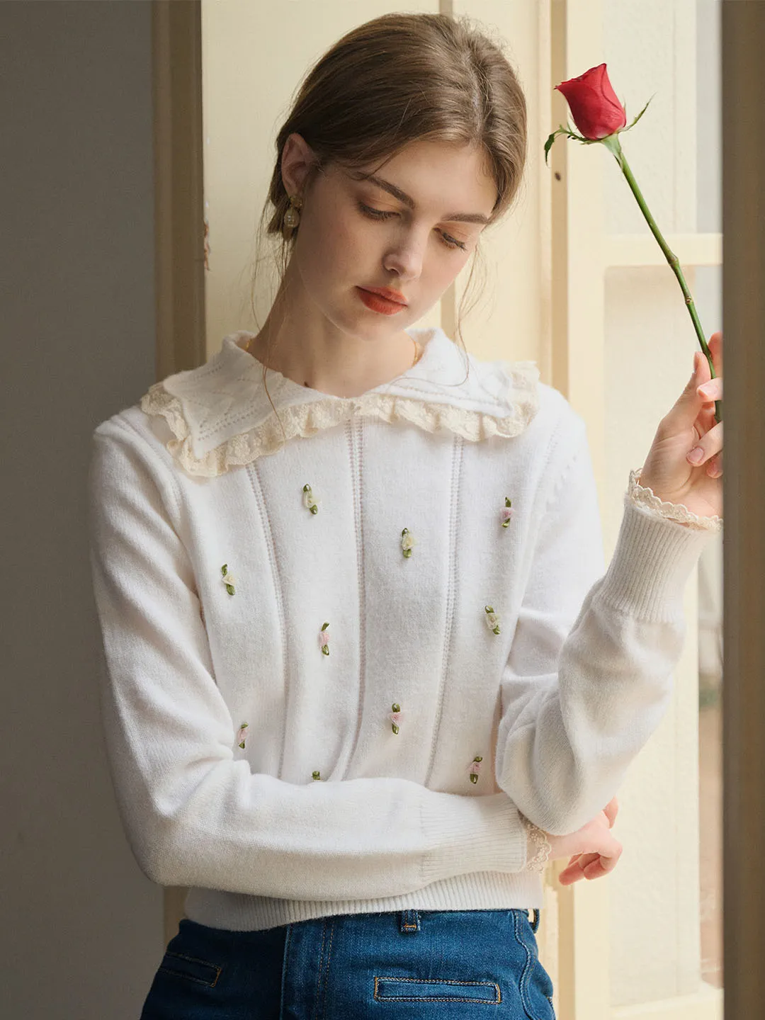 【Final Sale】Piper Floral Patched Frill Trim Sweater sold by Simple Retro product image thumbnail 2