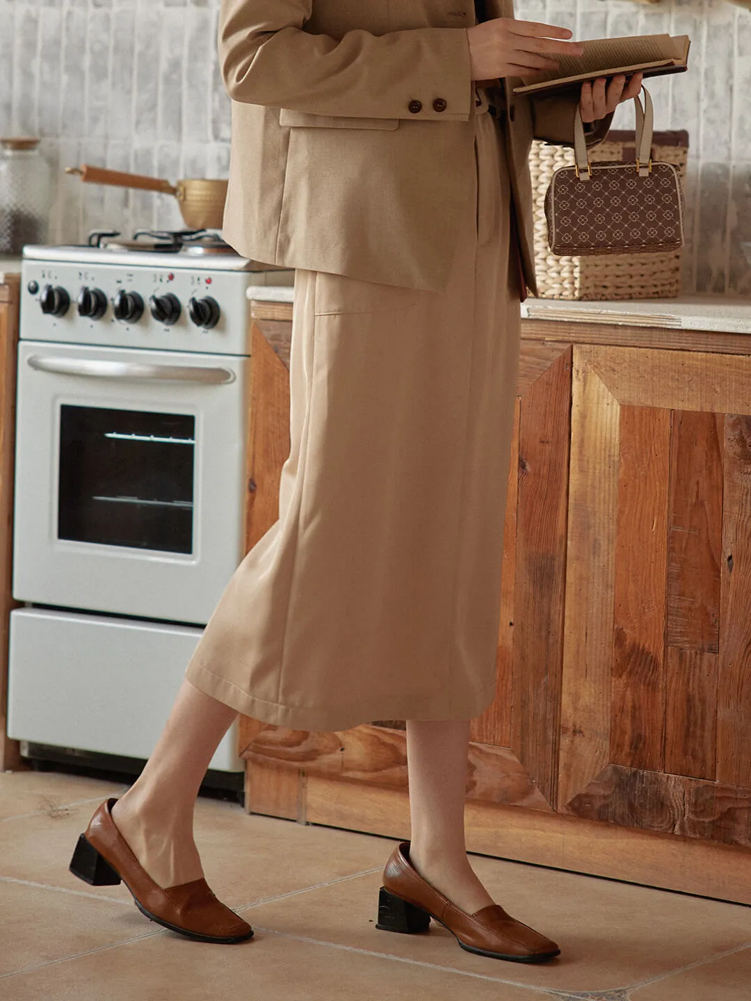 Odette Straight Khaki Midi Skirt sold by Simple Retro product image thumbnail 4