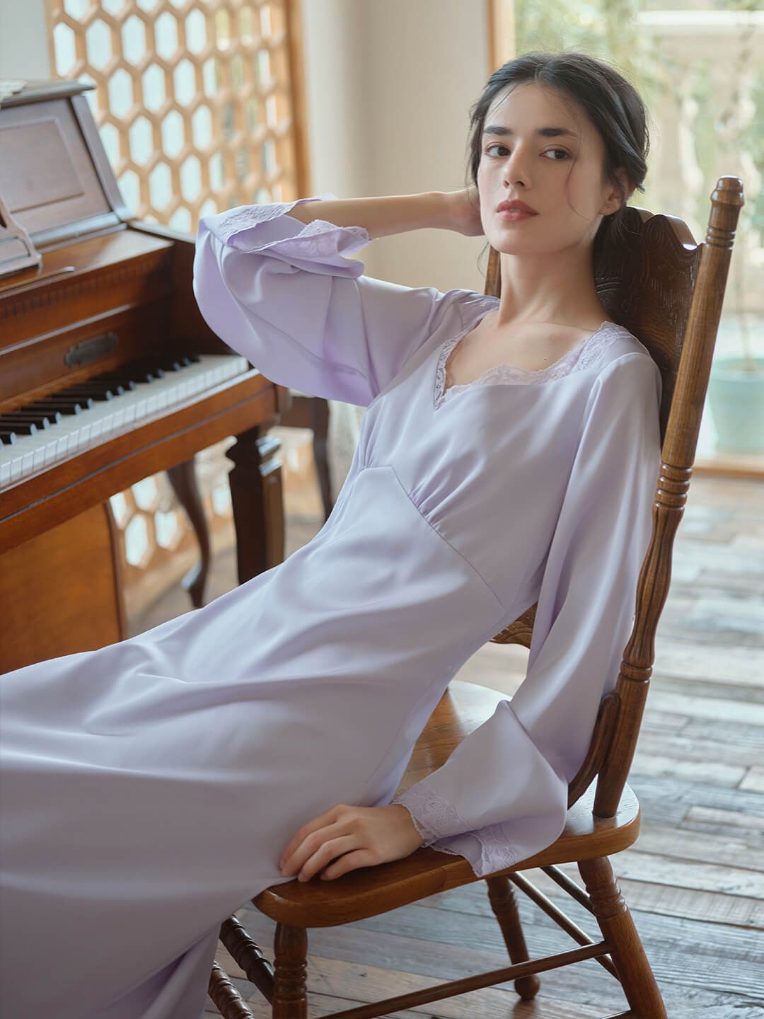 Juliette Satin Lace Purple Nightgown sold by Simple Retro product image thumbnail 5