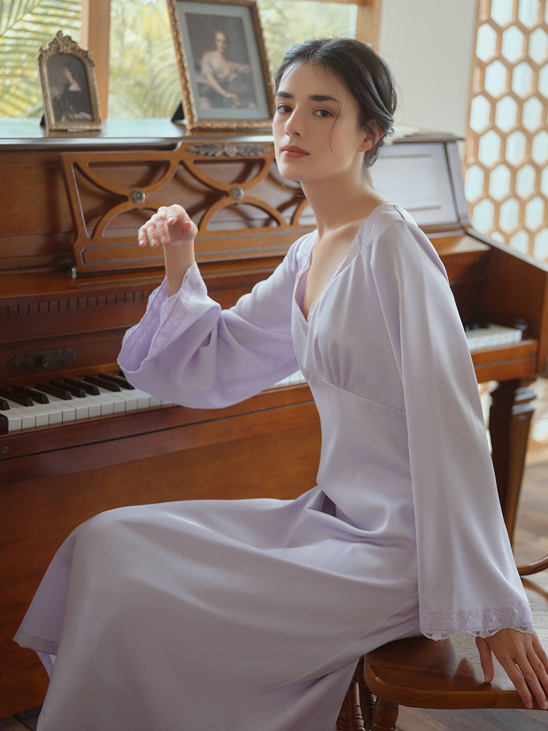 Juliette Satin Lace Purple Nightgown sold by Simple Retro