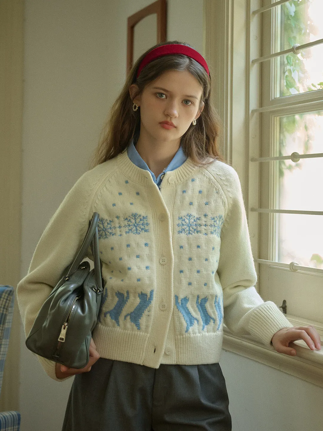 Aleena Fair Isle Classic Crew Neck Cat Snowflake Contrast Cardigan sold by Simple Retro product image thumbnail 3