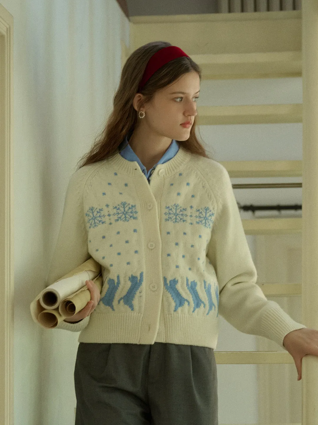 Aleena Fair Isle Classic Crew Neck Cat Snowflake Contrast Cardigan sold by Simple Retro product image thumbnail 4