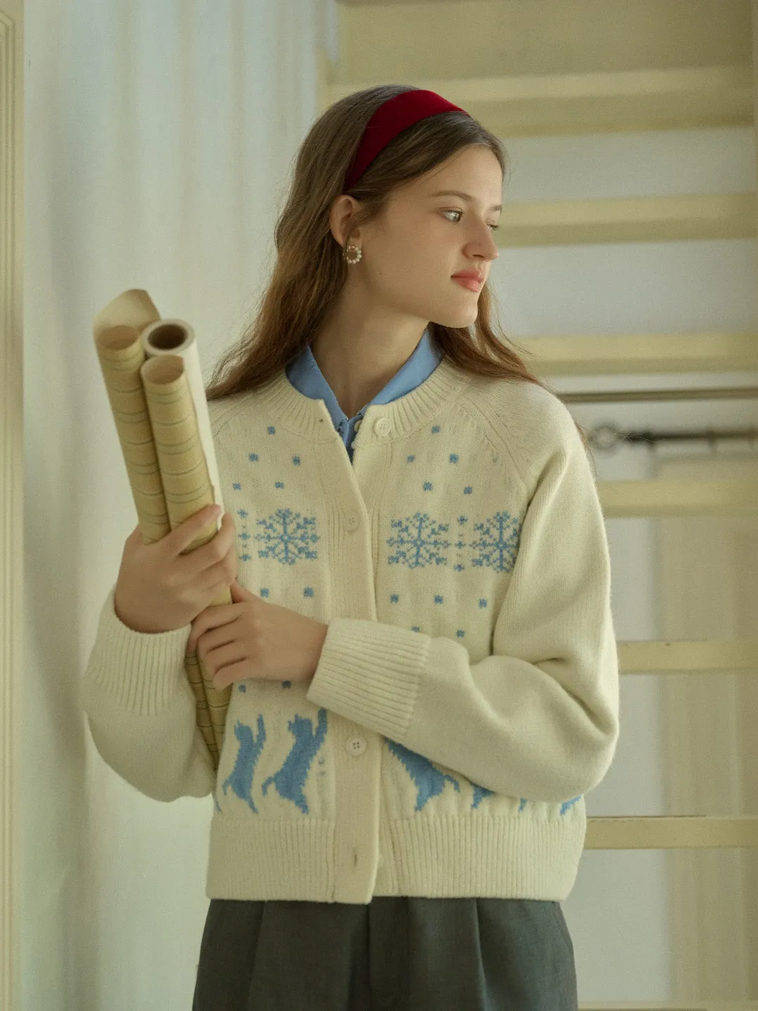 Aleena Fair Isle Classic Crew Neck Cat Snowflake Contrast Cardigan sold by Simple Retro product image thumbnail 5