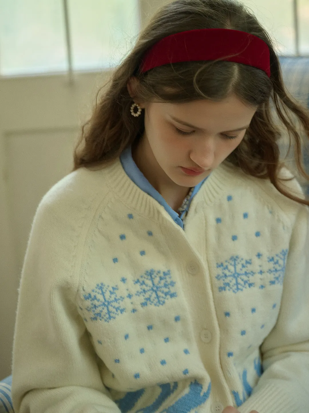 Aleena Fair Isle Classic Crew Neck Cat Snowflake Contrast Cardigan sold by Simple Retro product image thumbnail 2