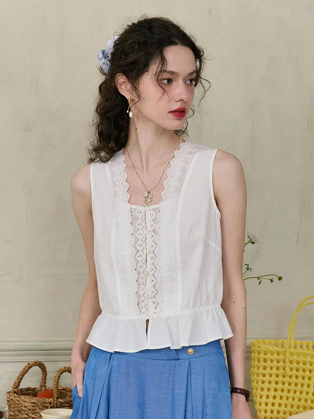 Mira Wave Lace Square Neck Embroidered Ruffle Hem Sleeveless Cotton Top sold by Simple Retro