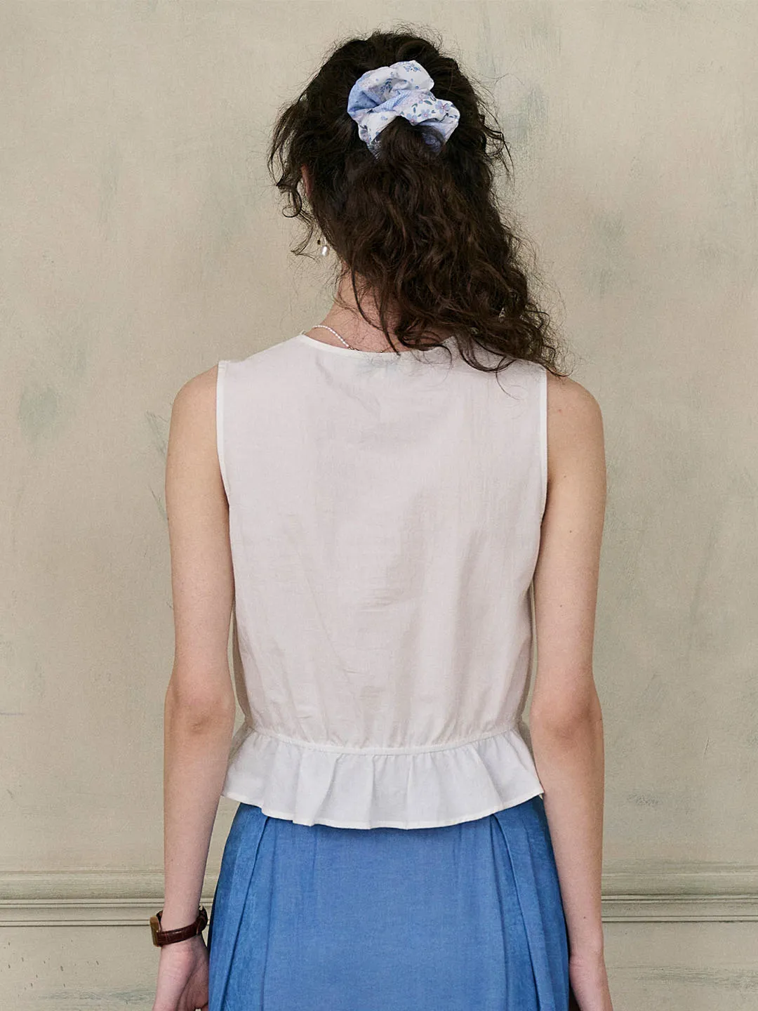 Mira Wave Lace Square Neck Embroidered Ruffle Hem Sleeveless Cotton Top sold by Simple Retro product image thumbnail 4