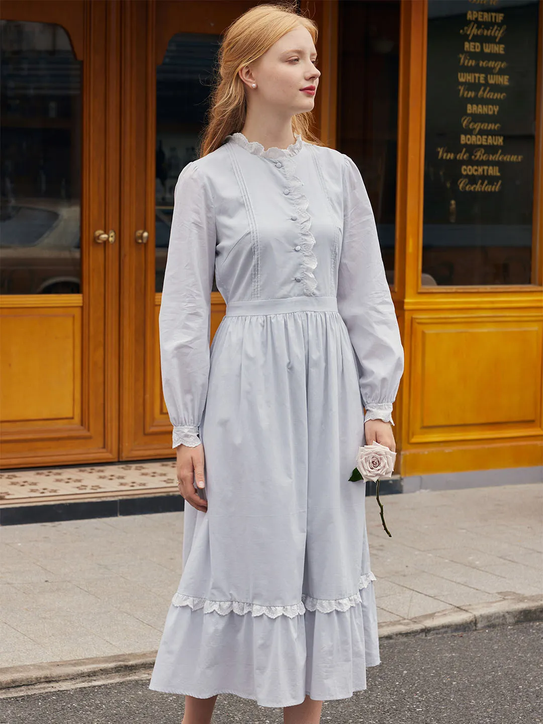 【Final Sale】Zoe Solid Ruffle Trim Button Front Cotton Dress sold by Simple Retro product image thumbnail 5