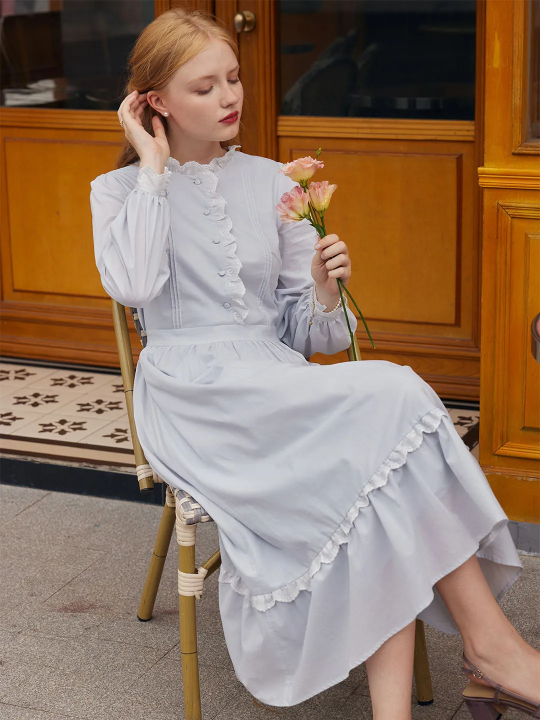【Final Sale】Zoe Solid Ruffle Trim Button Front Cotton Dress sold by Simple Retro product image thumbnail 4