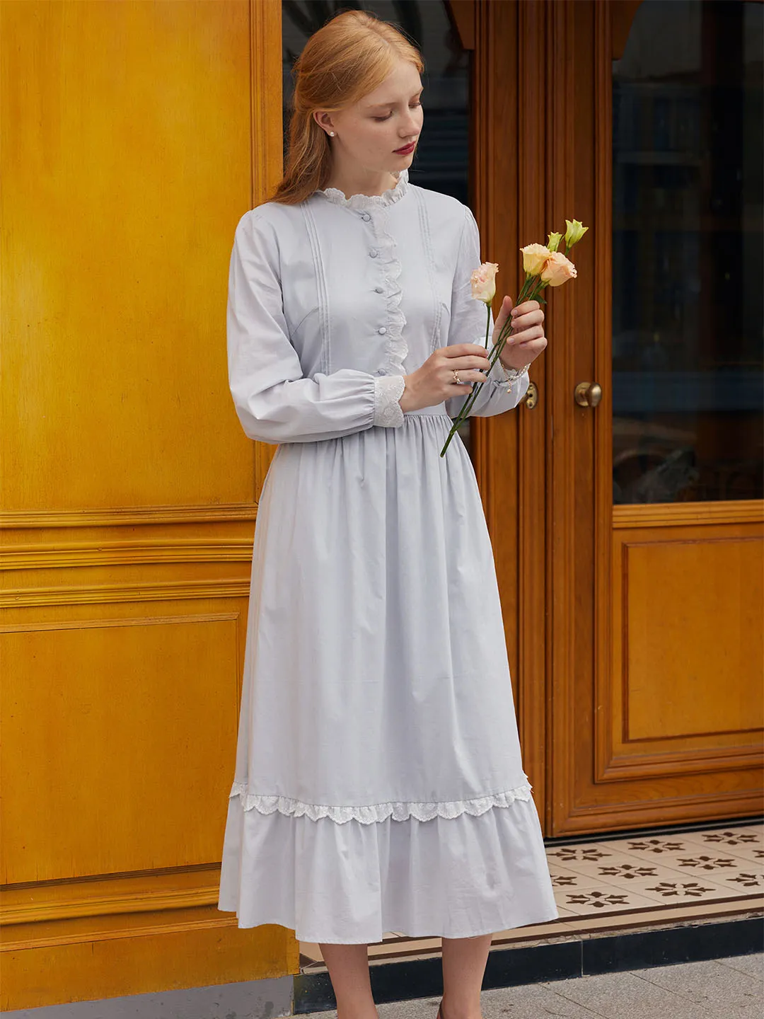 【Final Sale】Zoe Solid Ruffle Trim Button Front Cotton Dress sold by Simple Retro product image thumbnail 3