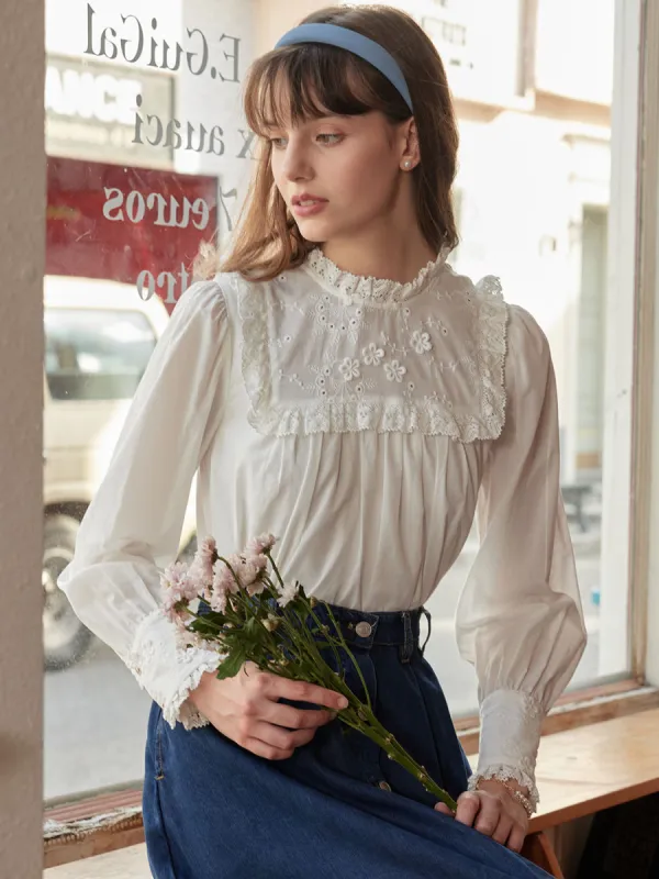 Keily Frill Trim Mock Neck Embroidered Cotton Blouse sold by Simple Retro