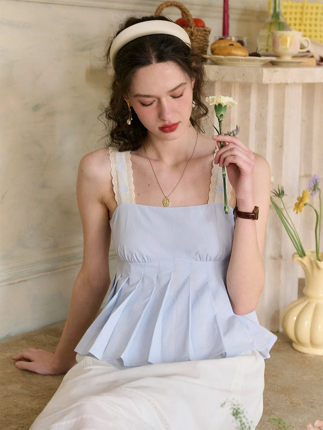 【Final Sale】Kora Square Neck Lace Contrast Pleated Cotton Camisole Top sold by Simple Retro