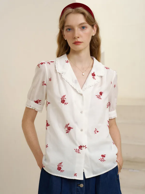 【Final Sale】Marceline Simple V Neck Embroidered Cotton Shirt-Red Rose sold by Simple Retro