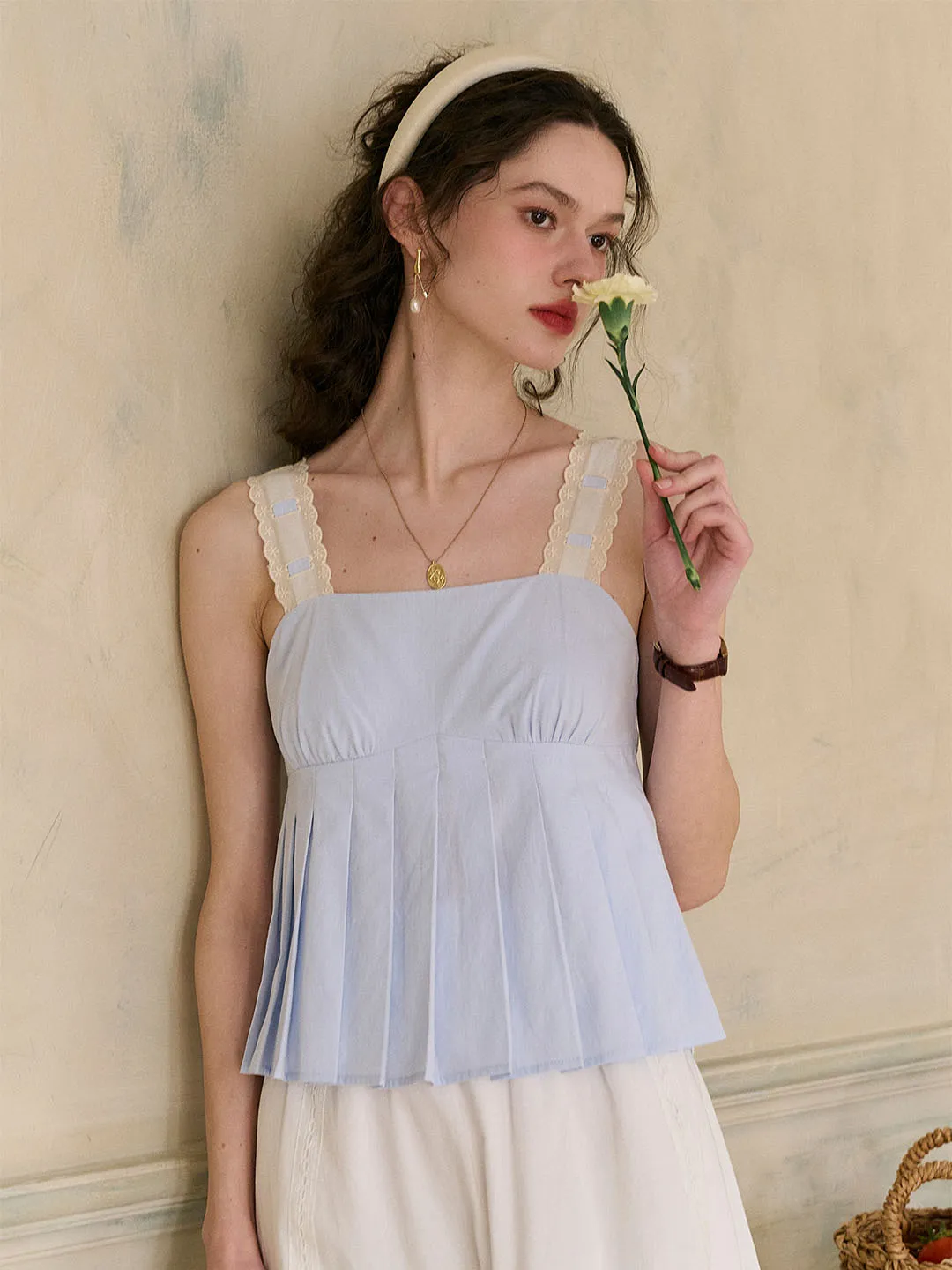 【Final Sale】Kora Square Neck Lace Contrast Pleated Cotton Camisole Top sold by Simple Retro product image thumbnail 3