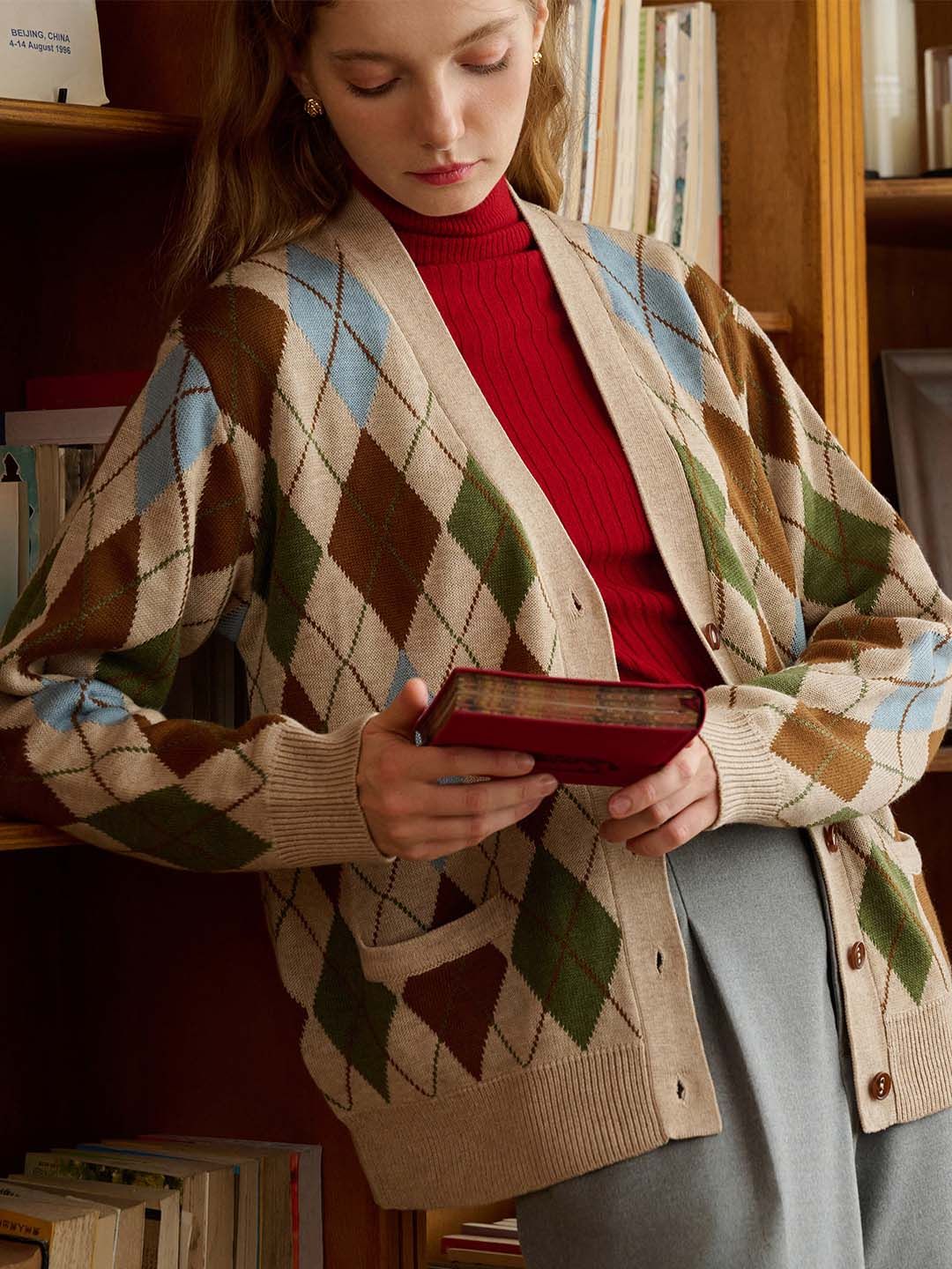 Jolene Argyle Patterned Khaki Knit Cardigan sold by Simple Retro