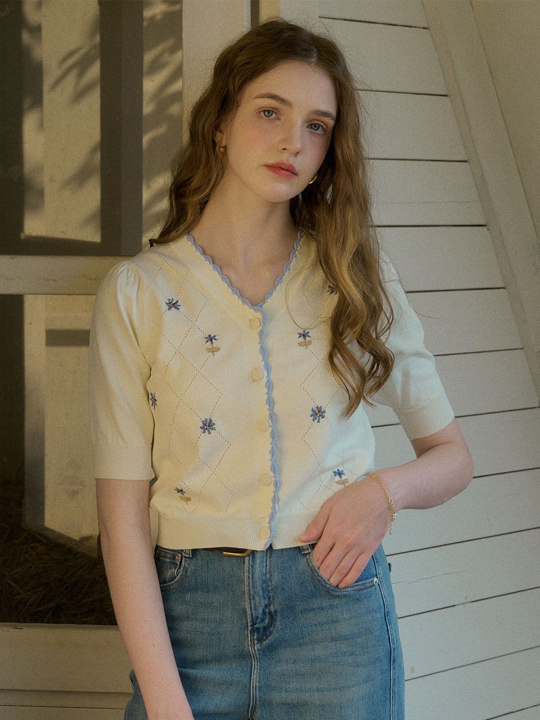 Adelyn Contrast Trim Floral Embroidered Cardigan sold by Simple Retro product image thumbnail 2