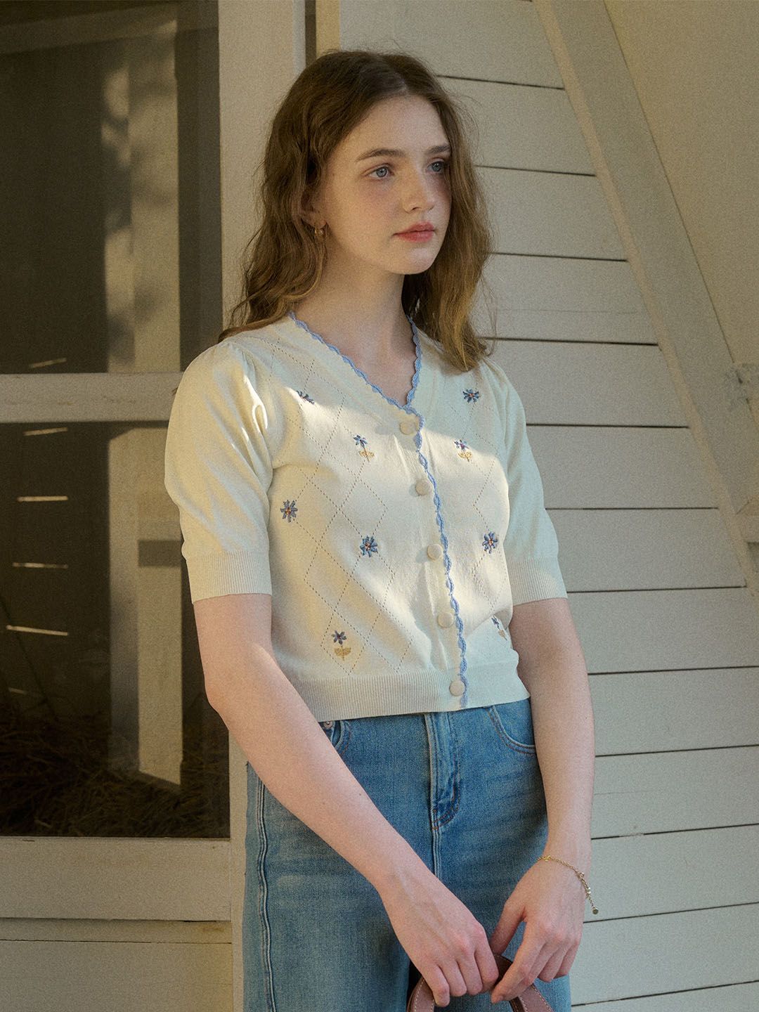 Adelyn Contrast Trim Floral Embroidered Cardigan sold by Simple Retro product image thumbnail 3