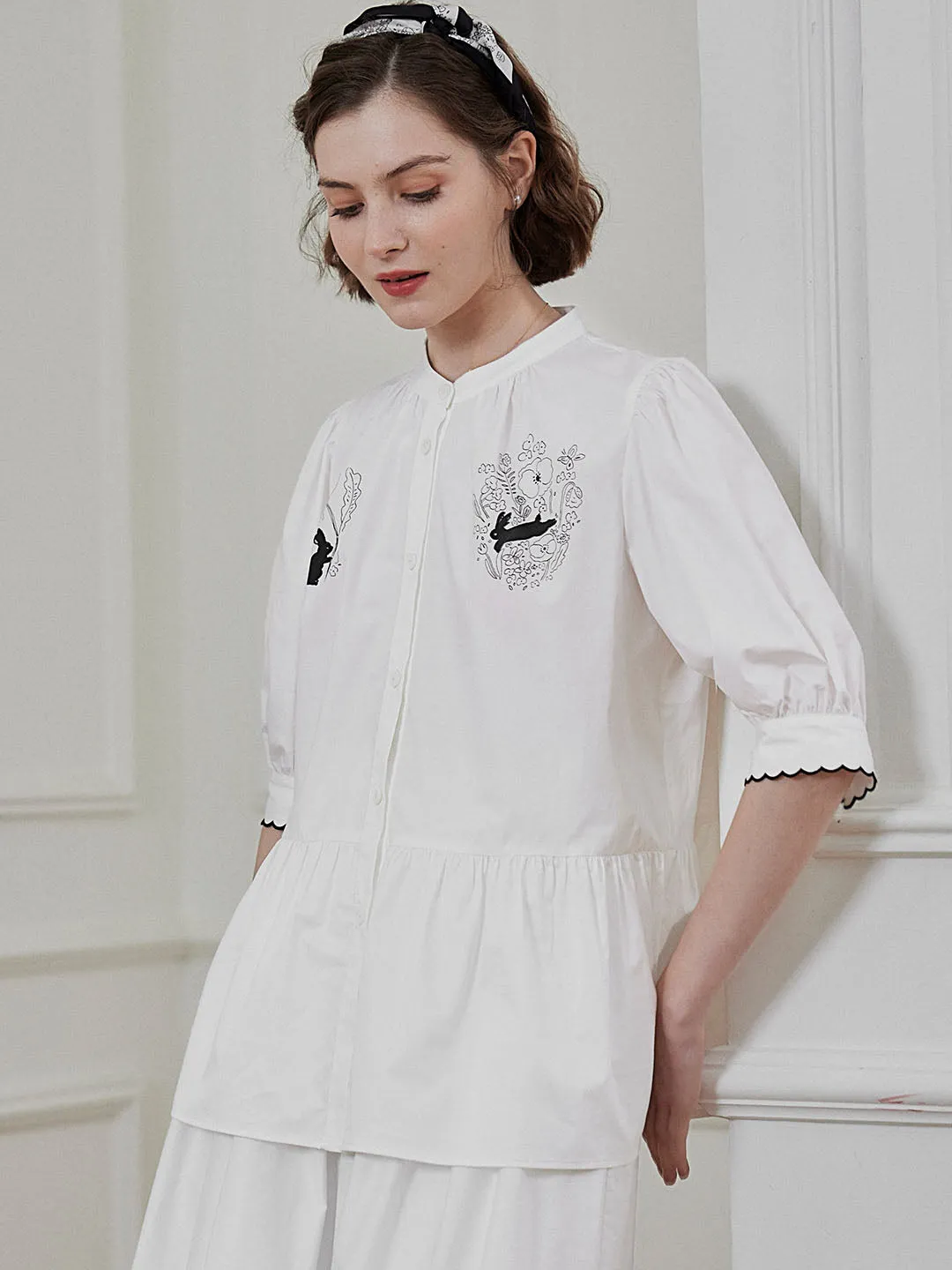 Chowxiaodou Rabbit Print White Blouse sold by Simple Retro