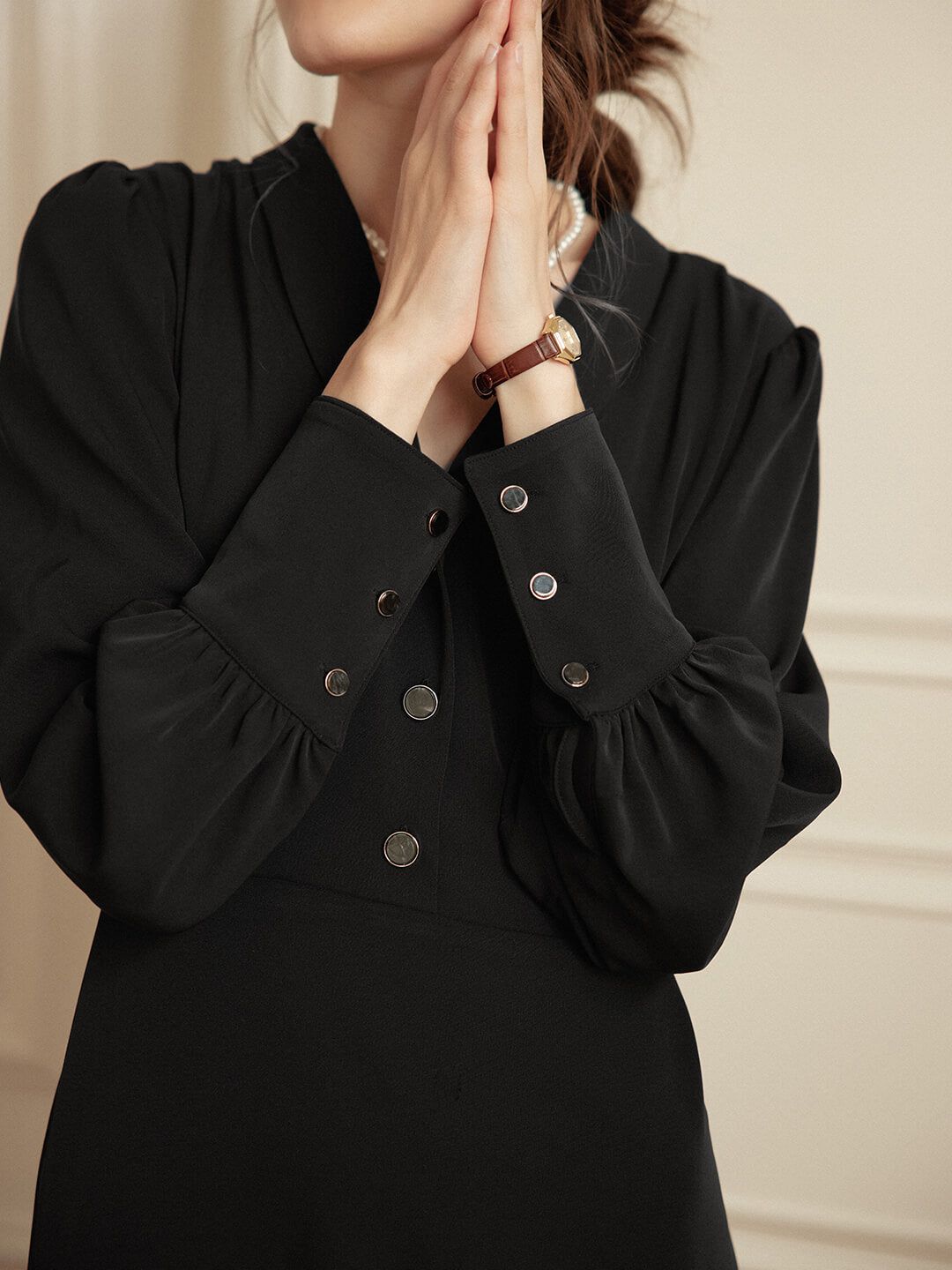 Raya Puff Long Sleeve Black Midi Dress sold by Simple Retro product image thumbnail 3