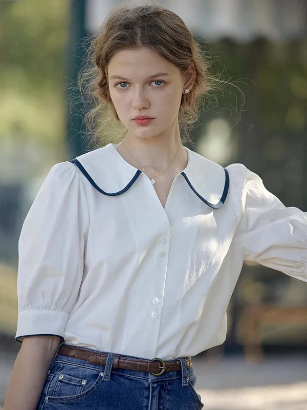 Braelynn French Lapel Puff Sleeve White Blouse sold by Simple Retro