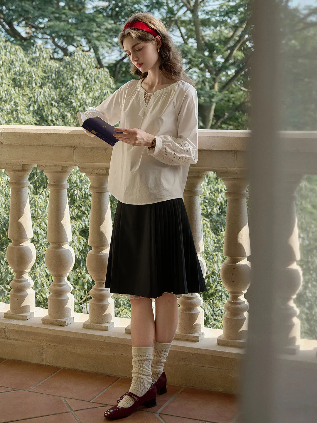 Ariel Lace-up V-neck Hollow Embroidered Cotton Blouse sold by Simple Retro product image thumbnail 5